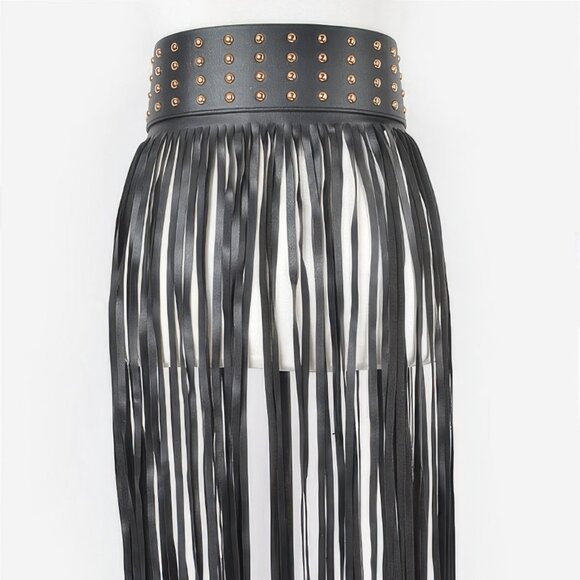 Faux Leather Metal Studded Fringe Belt